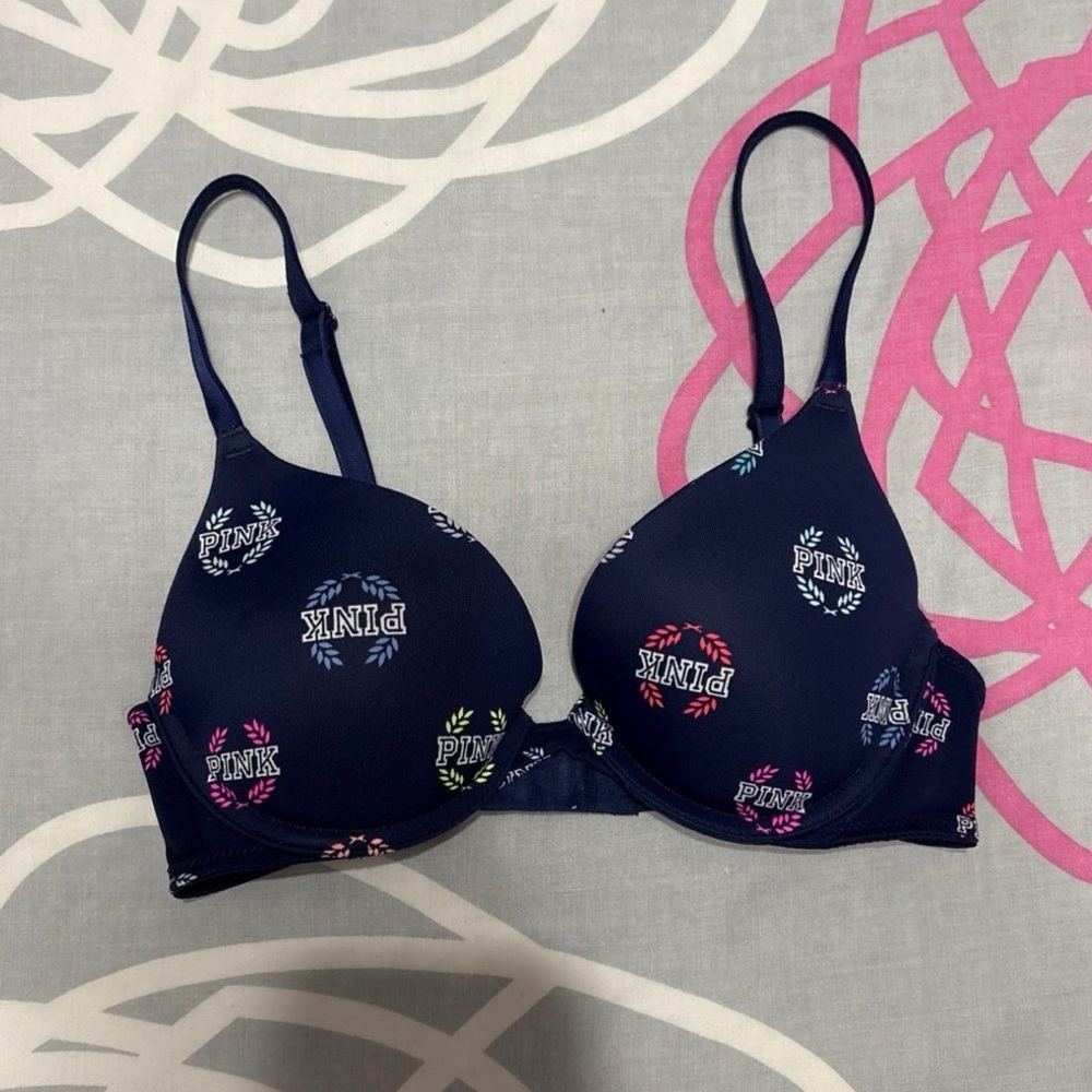 Victoria’s Secret PINK Navy Blue With Logos Wear Everywhere Push-Up Bra